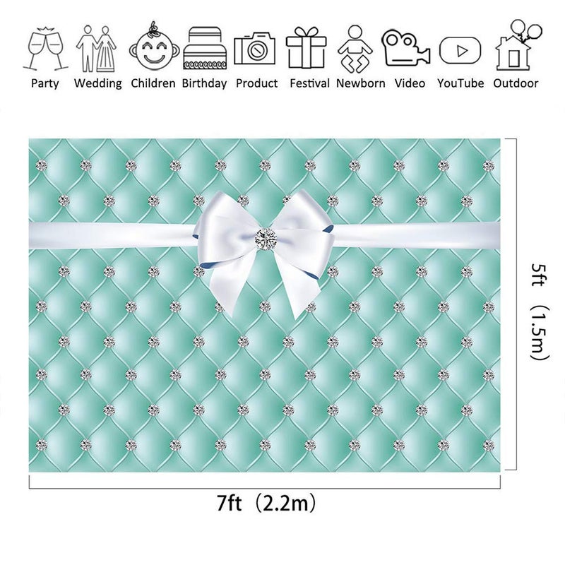 Riyidecor Breakfast Blue Diamonds Bowknot Backdrop Aqua Turquoise Birthday Party Decorations Photography Background 7x5 Feet Teal Bridal Shower Wedding Celebration Props Girl Photo Shoot Fabric - Image 5